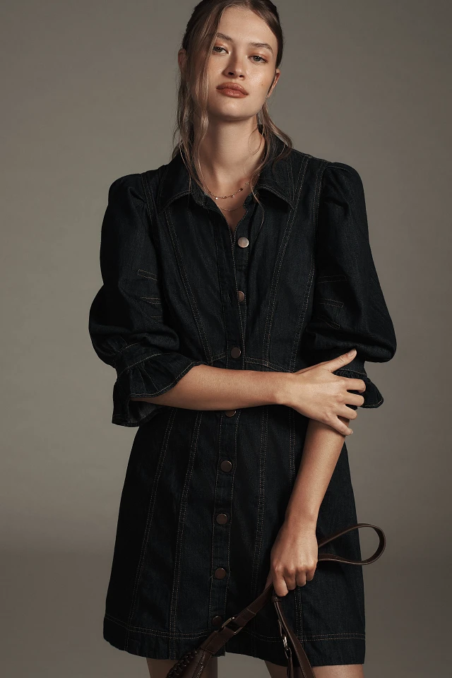 anthropologie denim dress puff sleeve Pilcro Smocked Puff-Sleeve Denim Dress