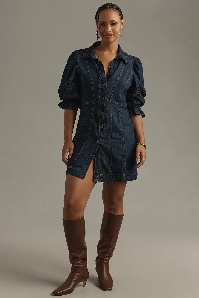 anthropologie denim dress puff sleeve En Saison Tarak Puff-Sleeve Denim Mini Shirt Dress