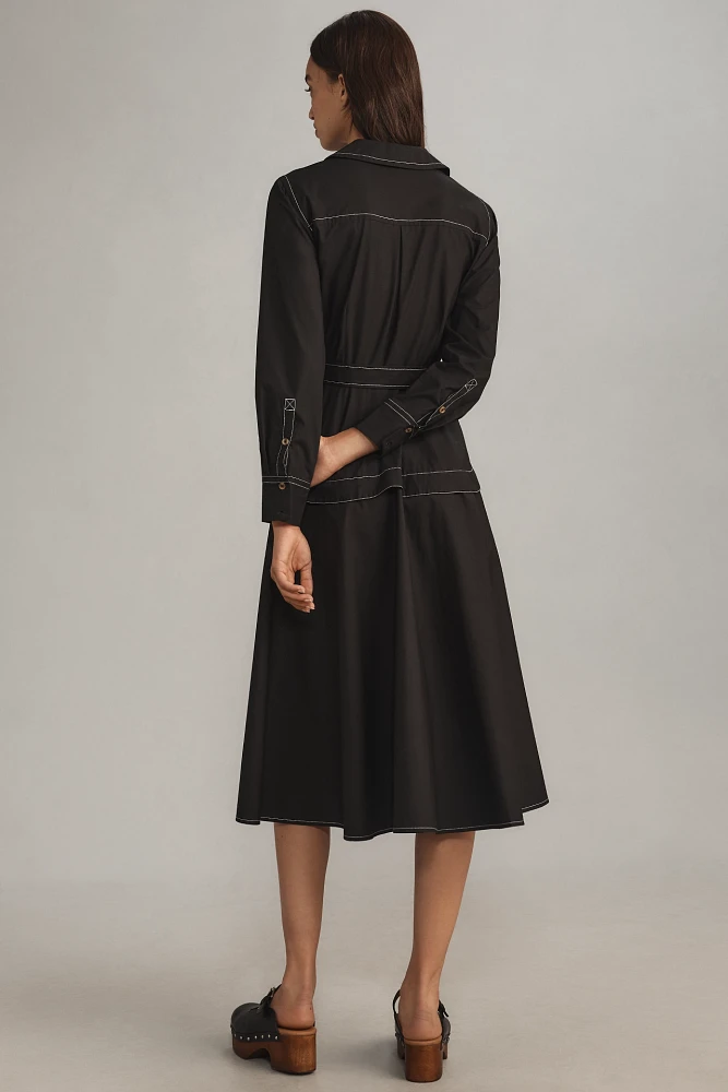 By Anthropologie Long-Sleeve Belted Front-Zip Midi Dress
