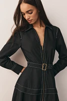 By Anthropologie Long-Sleeve Belted Front-Zip Midi Dress