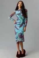 By Anthropologie Long-Sleeve Printed Mesh Midi Dress