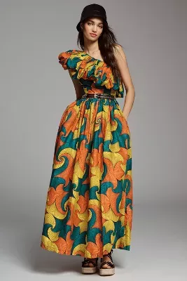 SIKA Printed One-Shoulder Ruffle Dress