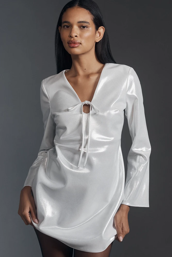 By Anthropologie Long-Sleeve V-Neck Metallic Mini Dress