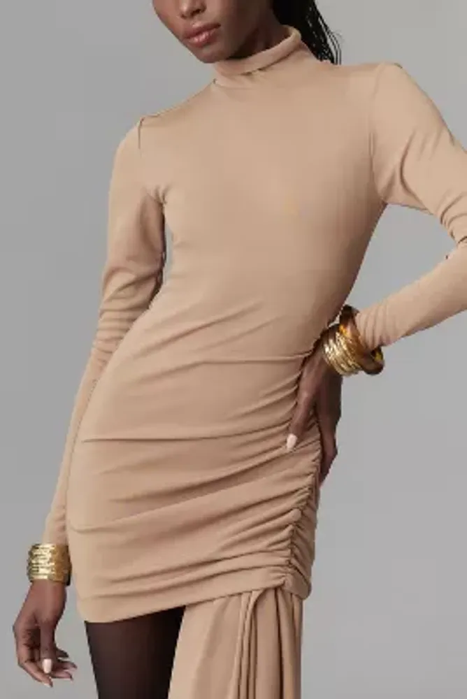 Ronny Kobo Long-Sleeve High-Neck Ruched Mini Dress
