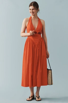 Ronny Kobo Filippa Halter V-Neck Basque-Waist Midi Dress