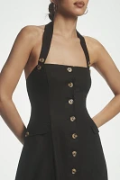 Mille Isla Linen Halter Square-Neck Button-Front Midi Dress