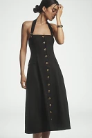 Mille Isla Linen Halter Square-Neck Button-Front Midi Dress