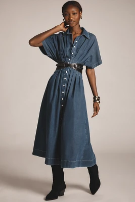 The Tobie Button-Front Pleated Shirt Dress by Exquise: Denim Edition