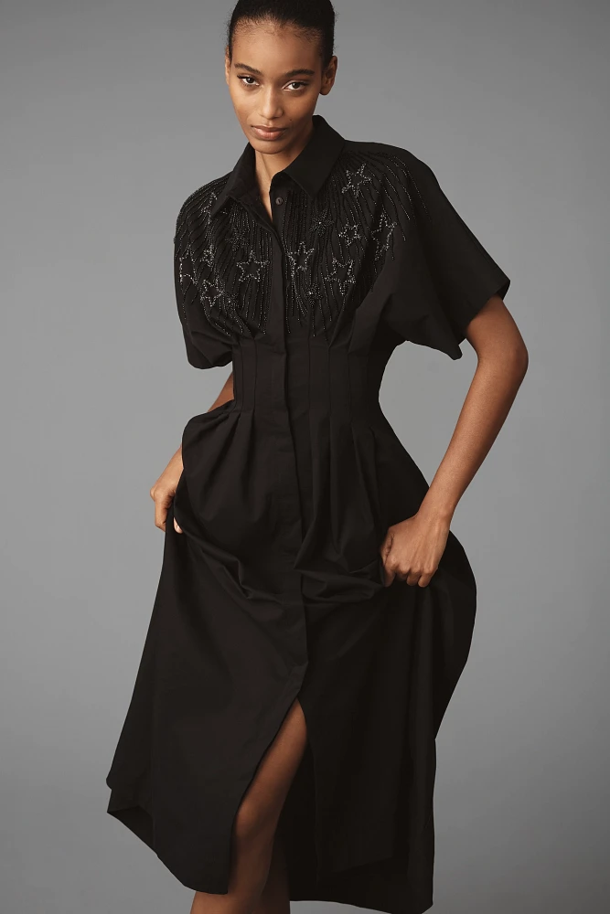 The Tobie Button-Front Pleated Shirt Dress by Exquise: Embellished Edition