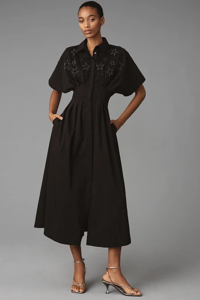 The Tobie Button-Front Pleated Shirt Dress by Exquise: Embellished Edition