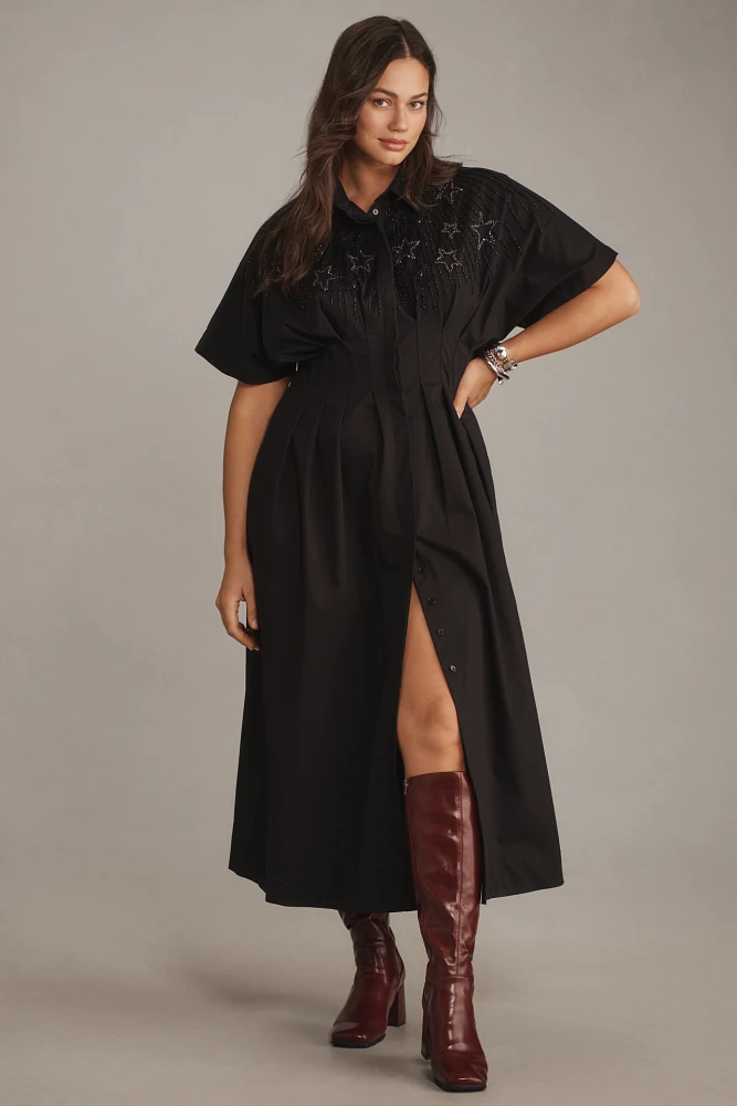 The Tobie Button-Front Pleated Shirt Dress by Exquise: Embellished Edition