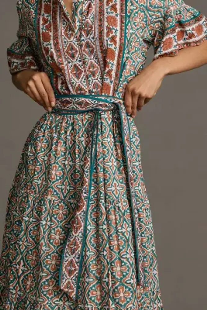 Sue Sartor Short-Sleeve Printed Midi Dress