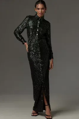 Dress The Population Connie Long-Sleeve Sequin Maxi Shirt