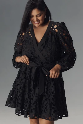 Eloquii Plus Long-Sleeve V-Neck Eyelet Wrap Mini Dress