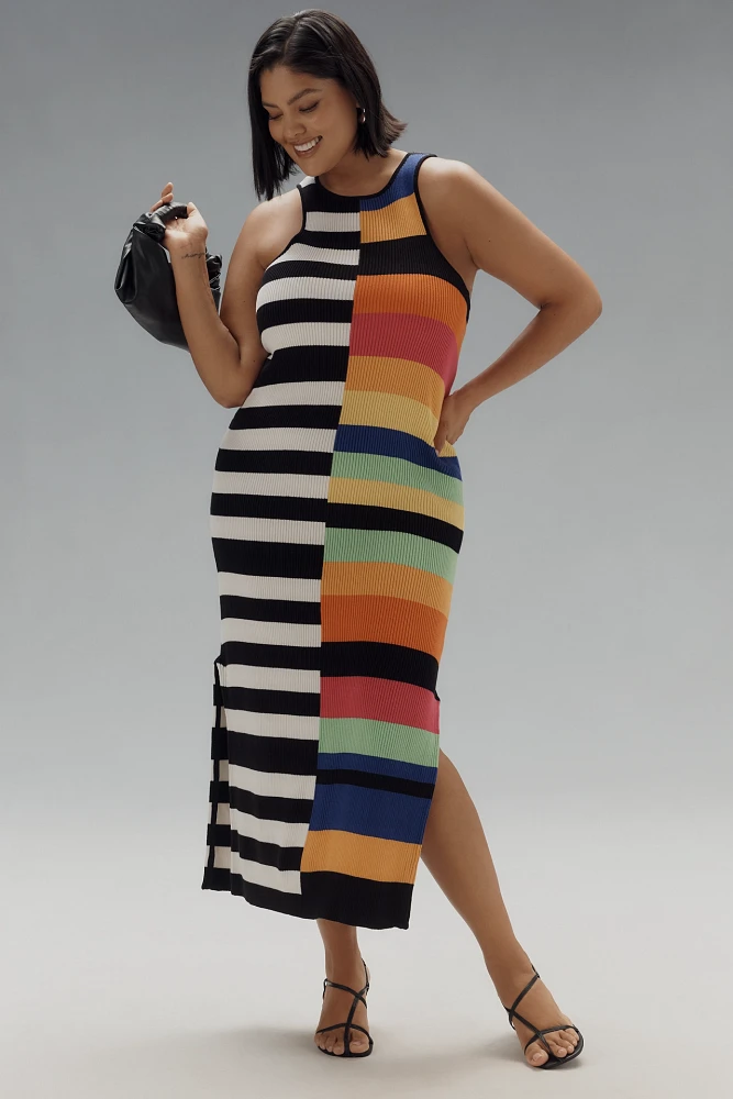 Eloquii Plus Sleeveless Mixed Stripe Ribbed Midi Dress