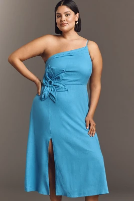 Eloquii Plus Linen Blend One-Shoulder Floral Appliqué Midi Dress