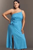 Eloquii Plus Linen Blend One-Shoulder Floral Appliqué Midi Dress