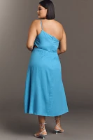 Eloquii Plus Linen Blend One-Shoulder Floral Appliqué Midi Dress