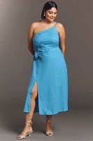 Eloquii Plus Linen Blend One-Shoulder Floral Appliqué Midi Dress