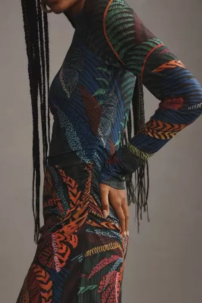 By Anthropologie Long-Sleeve Printed Mesh Midi Dress