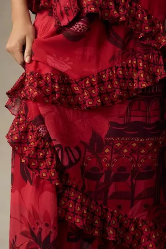 Farm Rio Short-Sleeve Printed Ruffled Midi Dress