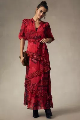 Farm Rio Short-Sleeve Printed Ruffled Midi Dress