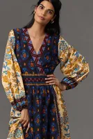 Farm Rio Long-Sleeve V-Neck Printed Midi Dress