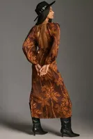 Farm Rio Long-Sleeve Low-Back Printed Midi Dress