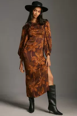 Farm Rio Long-Sleeve Low-Back Printed Midi Dress
