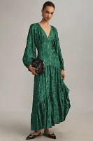 Farm Rio Long-Sleeve V-Neck Jacquard Maxi Dress