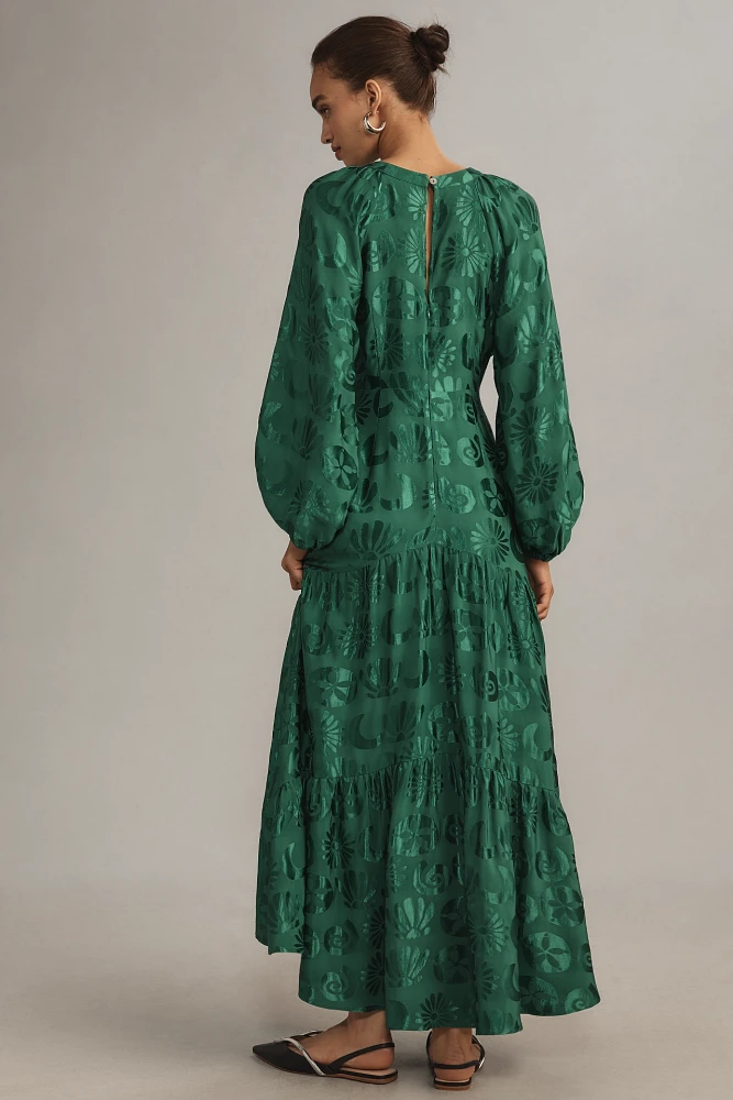 Farm Rio Long-Sleeve V-Neck Jacquard Maxi Dress