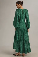 Farm Rio Long-Sleeve V-Neck Jacquard Maxi Dress