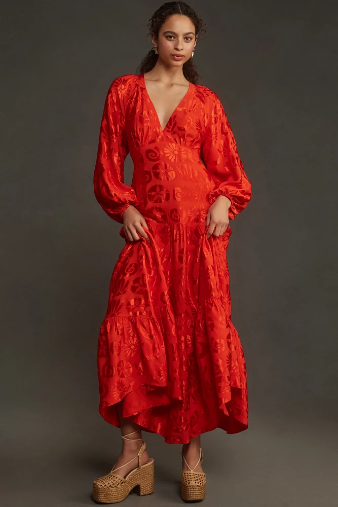 Farm Rio Long-Sleeve V-Neck Jacquard Maxi Dress