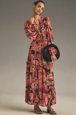 Farm Rio Long-Sleeve Floral Tiered Maxi Dress