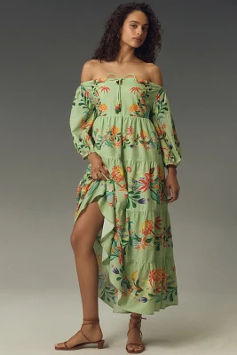 Farm Rio x Anthropologie Off-The-Shoulder Tiered Floral Midi Dress