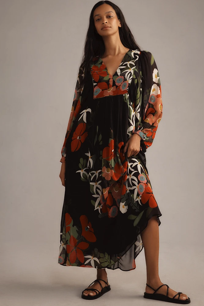 Farm Rio x Anthropologie Long-Sleeve V-Neck Floral Maxi Dress