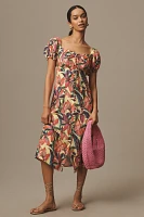 Farm Rio x Anthropologie Puff-Sleeve Sweetheart Linen Midi Dress