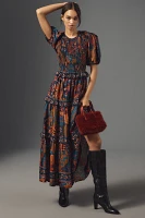 Farm Rio Short-Sleeve Crew-Neck Tiered A-Line Maxi Dress