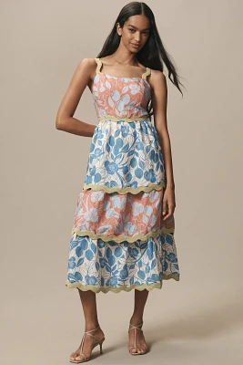 Farm Rio x Anthropologie Linen Blend Tiered Ric Rac Midi Dress