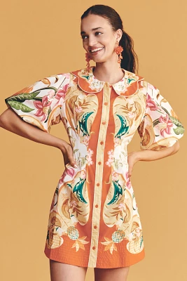 Farm Rio x Anthropologie Cotton Puff-Sleeve Button-Front Mini Dress