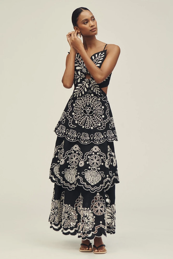 Farm Rio x Anthropologie 3D Floral Linen Midi Dress