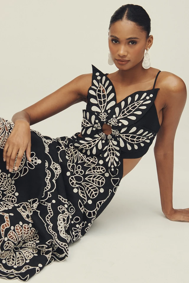 farm rio x anthropologie halter sequin column midi dress 3D Floral Linen YGroup_emmylou-maxi-dress