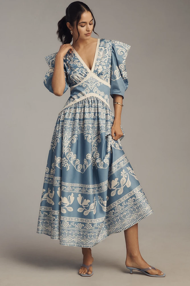 Farm Rio x Anthropologie Printed V-Neck Puff-Sleeve Maxi Dress