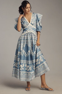 Farm Rio x Anthropologie Printed V-Neck Puff-Sleeve Maxi Dress