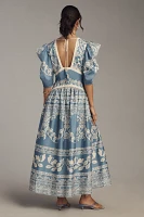 Farm Rio x Anthropologie Printed V-Neck Puff-Sleeve Maxi Dress