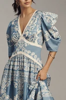 Farm Rio x Anthropologie Printed V-Neck Puff-Sleeve Maxi Dress