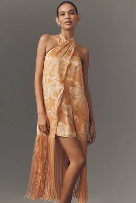 Farm Rio x Anthropologie Halter Fringe Satin Mini Dress