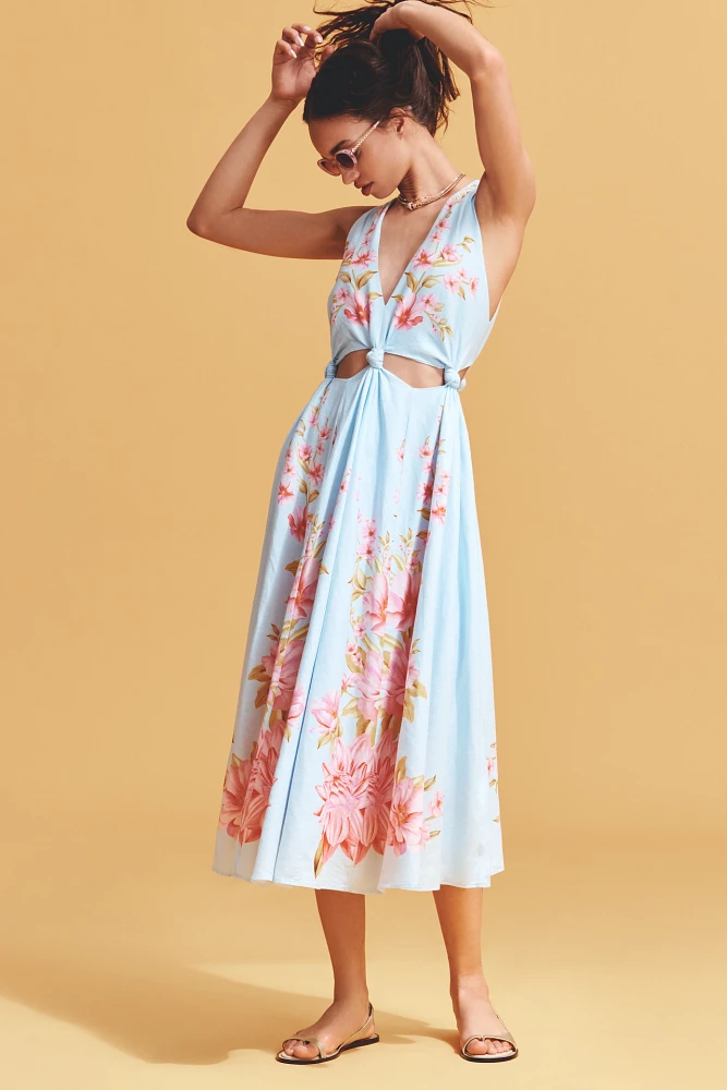 Farm Rio x Anthropologie Linen Blend V-Neck Cutout Midi Dress