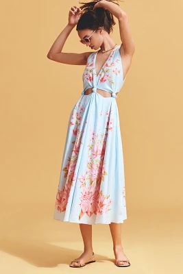 Farm Rio x Anthropologie Linen Blend V-Neck Cutout Midi Dress