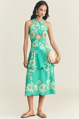 Farm Rio x Anthropologie Scalloped Halter Linen Blend Dress